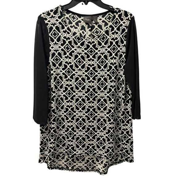 Chicos Black White Geometric Print Travelers blouse  Size M tunic - Picture 2 of 12